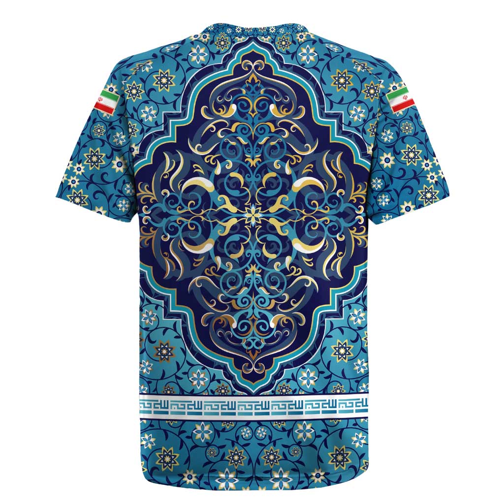 Iranian Mosaic Art Pattern Rugby Jersey with Persian Calligraphy and Flag Accents