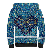Iranian Mosaic Art Pattern Sherpa Hoodie with Persian Calligraphy and Flag Accents