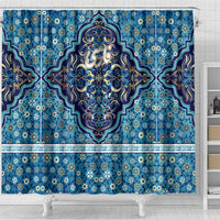 Iranian Mosaic Art Pattern Shower Curtain with Persian Calligraphy and Flag Accents