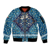 Iranian Mosaic Art Pattern Sleeve Zip Bomber Jacket with Persian Calligraphy and Flag Accents