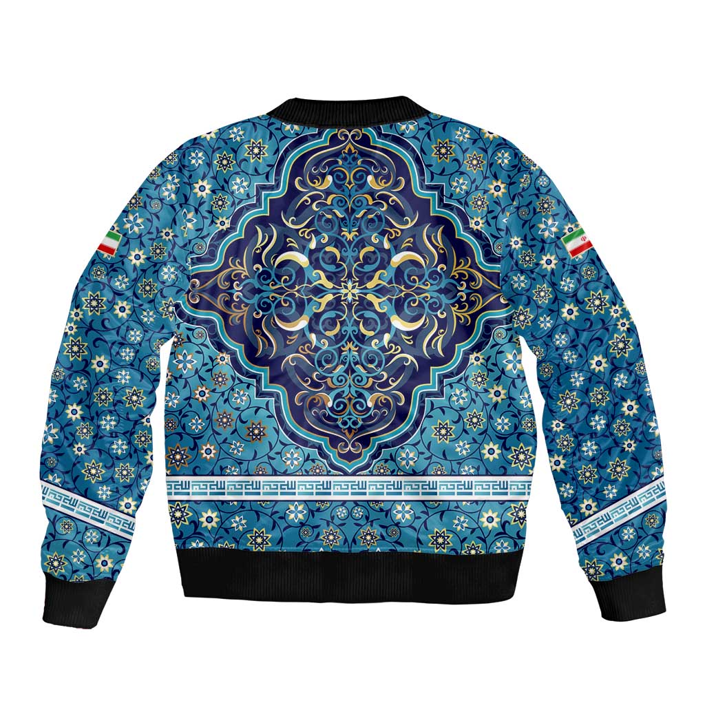 Iranian Mosaic Art Pattern Sleeve Zip Bomber Jacket with Persian Calligraphy and Flag Accents