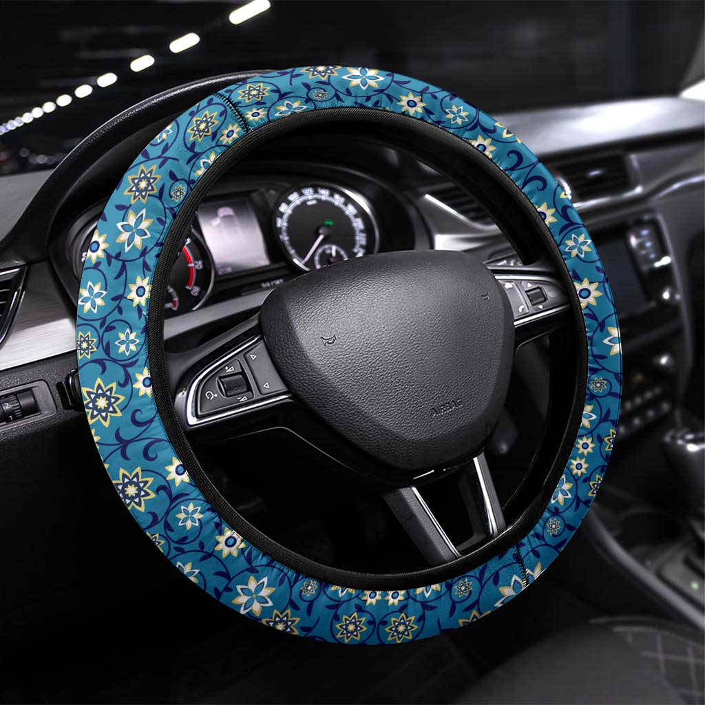 Iranian Mosaic Art Pattern Steering Wheel Cover with Persian Calligraphy and Flag Accents