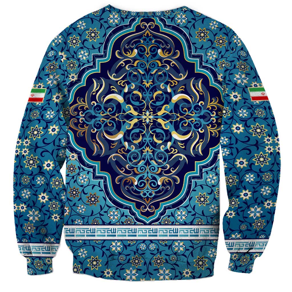 Iranian Mosaic Art Pattern Sweatshirt with Persian Calligraphy and Flag Accents