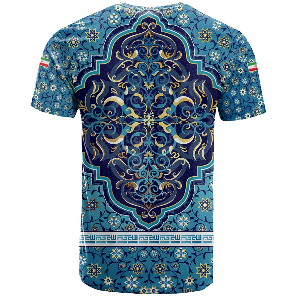 Iranian Mosaic Art Pattern T Shirt with Persian Calligraphy and Flag Accents