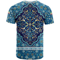 Iranian Mosaic Art Pattern T Shirt with Persian Calligraphy and Flag Accents