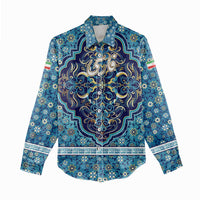 Iranian Mosaic Art Pattern Women Casual Shirt with Persian Calligraphy and Flag Accents