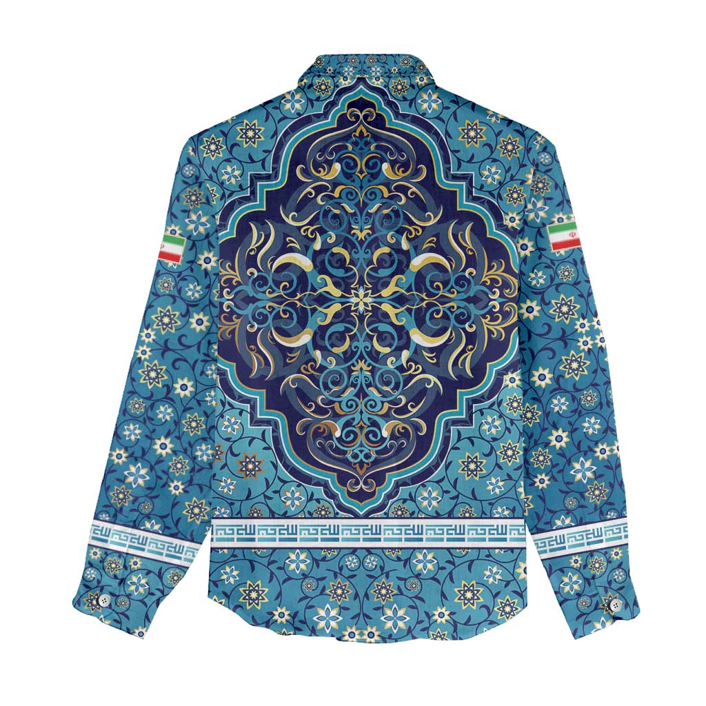 Iranian Mosaic Art Pattern Women Casual Shirt with Persian Calligraphy and Flag Accents