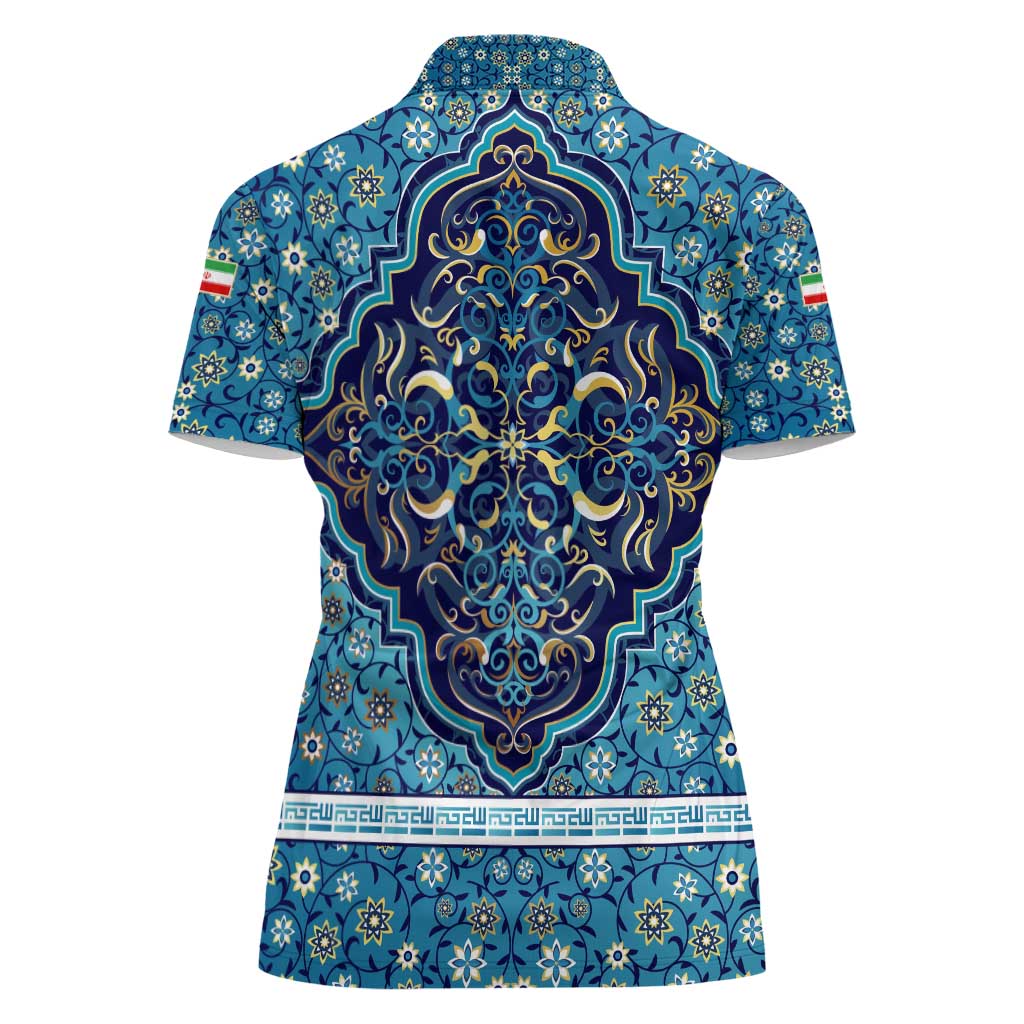 Iranian Mosaic Art Pattern Women Polo Shirt with Persian Calligraphy and Flag Accents