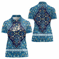 Iranian Mosaic Art Pattern Women Polo Shirt with Persian Calligraphy and Flag Accents