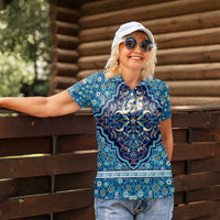 Iranian Mosaic Art Pattern Women Polo Shirt with Persian Calligraphy and Flag Accents