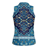 Iranian Mosaic Art Pattern Women Sleeveless Polo Shirt with Persian Calligraphy and Flag Accents