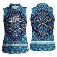 Iranian Mosaic Art Pattern Women Sleeveless Polo Shirt with Persian Calligraphy and Flag Accents