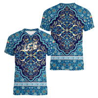 Iranian Mosaic Art Pattern Women V-Neck T-Shirt with Persian Calligraphy and Flag Accents