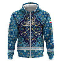 Iranian Mosaic Art Pattern Zip Hoodie with Persian Calligraphy and Flag Accents