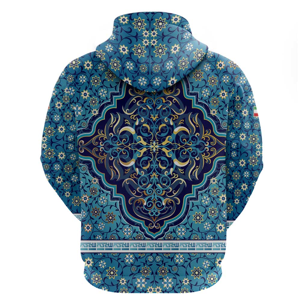 Iranian Mosaic Art Pattern Zip Hoodie with Persian Calligraphy and Flag Accents