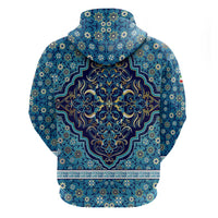 Iranian Mosaic Art Pattern Zip Hoodie with Persian Calligraphy and Flag Accents