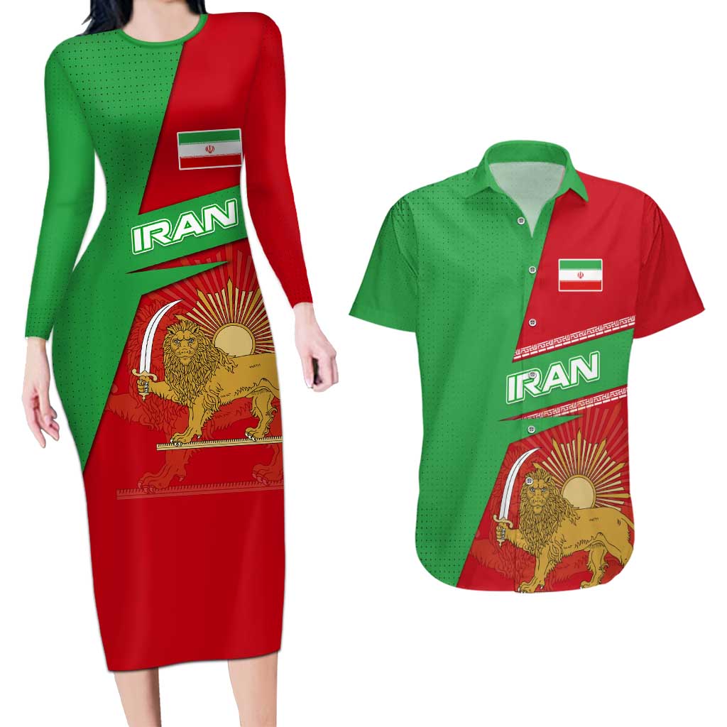 Iran National Heritage Couples Matching Long Sleeve Bodycon Dress and Hawaiian Shirt with Lion and Sun Emblem and Royal Coat of Arms