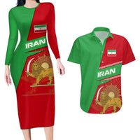 Iran National Heritage Couples Matching Long Sleeve Bodycon Dress and Hawaiian Shirt with Lion and Sun Emblem and Royal Coat of Arms