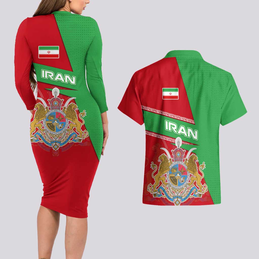 Iran National Heritage Couples Matching Long Sleeve Bodycon Dress and Hawaiian Shirt with Lion and Sun Emblem and Royal Coat of Arms