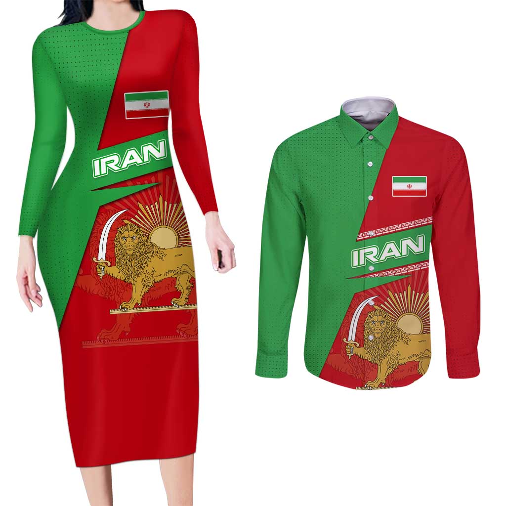 Iran National Heritage Couples Matching Long Sleeve Bodycon Dress and Long Sleeve Button Shirt with Lion and Sun Emblem and Royal Coat of Arms