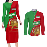 Iran National Heritage Couples Matching Long Sleeve Bodycon Dress and Long Sleeve Button Shirt with Lion and Sun Emblem and Royal Coat of Arms
