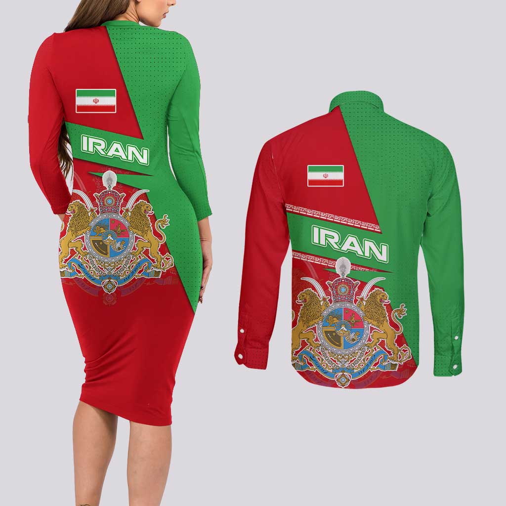 Iran National Heritage Couples Matching Long Sleeve Bodycon Dress and Long Sleeve Button Shirt with Lion and Sun Emblem and Royal Coat of Arms