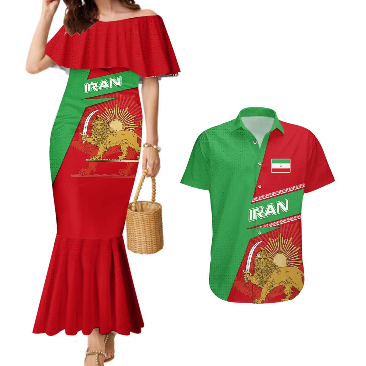 Iran National Heritage Couples Matching Mermaid Dress and Hawaiian Shirt with Lion and Sun Emblem and Royal Coat of Arms