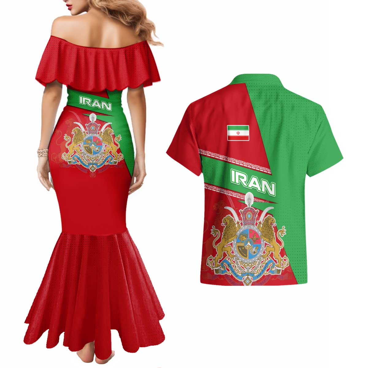 Iran National Heritage Couples Matching Mermaid Dress and Hawaiian Shirt with Lion and Sun Emblem and Royal Coat of Arms