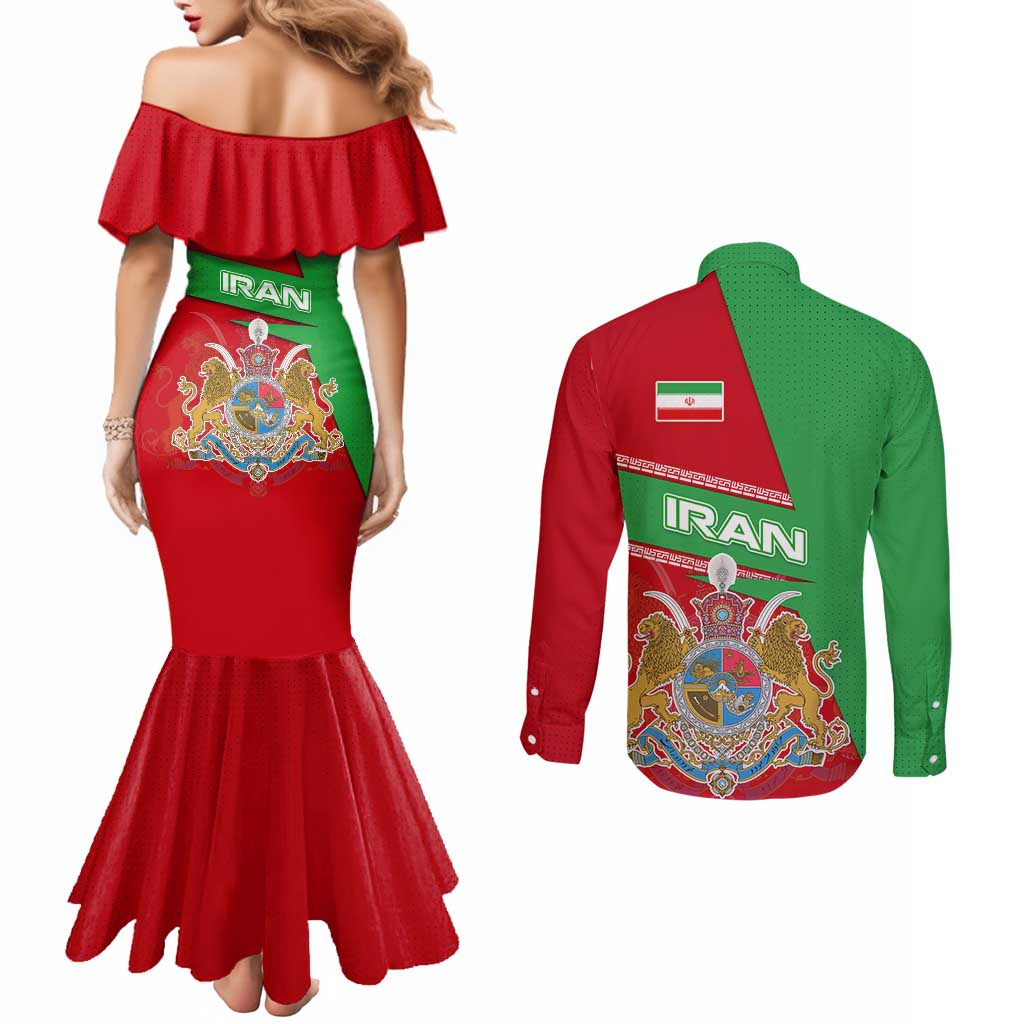 Iran National Heritage Couples Matching Mermaid Dress and Long Sleeve Button Shirt with Lion and Sun Emblem and Royal Coat of Arms