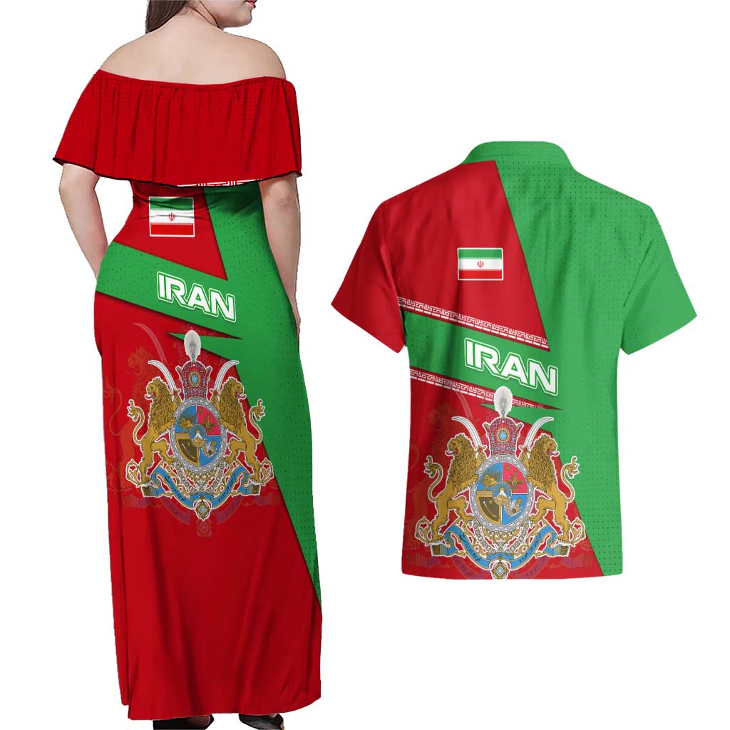 Iran National Heritage Couples Matching Off Shoulder Maxi Dress and Hawaiian Shirt with Lion and Sun Emblem and Royal Coat of Arms