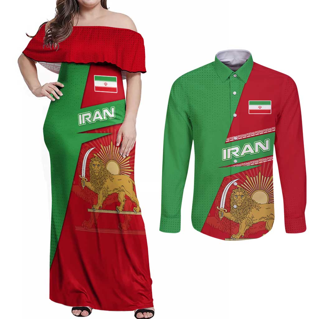 Iran National Heritage Couples Matching Off Shoulder Maxi Dress and Long Sleeve Button Shirt with Lion and Sun Emblem and Royal Coat of Arms