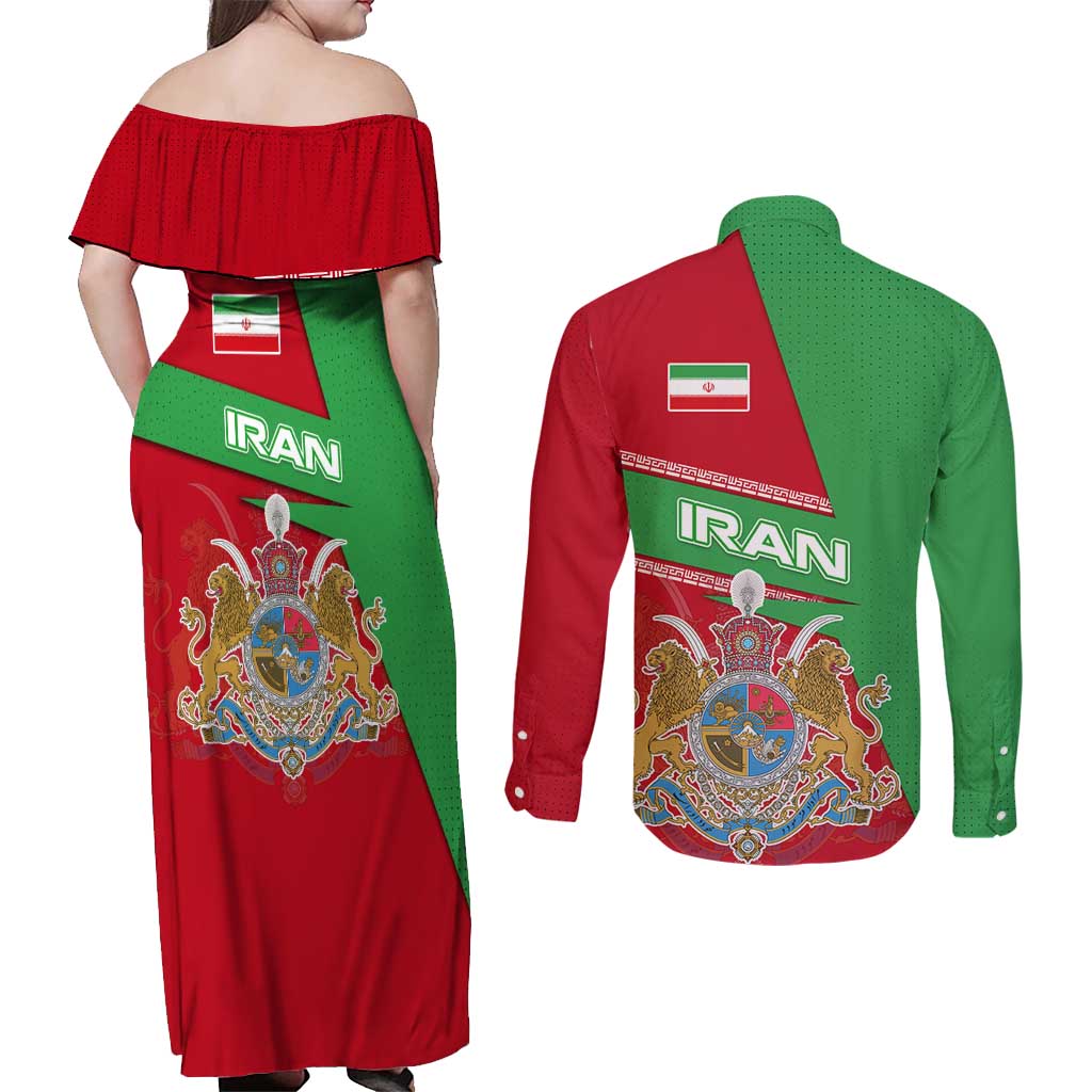 Iran National Heritage Couples Matching Off Shoulder Maxi Dress and Long Sleeve Button Shirt with Lion and Sun Emblem and Royal Coat of Arms