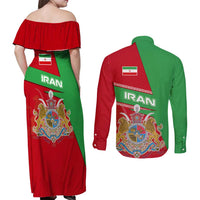 Iran National Heritage Couples Matching Off Shoulder Maxi Dress and Long Sleeve Button Shirt with Lion and Sun Emblem and Royal Coat of Arms