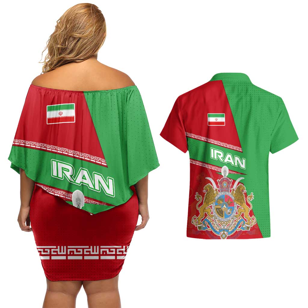 Iran National Heritage Couples Matching Off Shoulder Short Dress and Hawaiian Shirt with Lion and Sun Emblem and Royal Coat of Arms