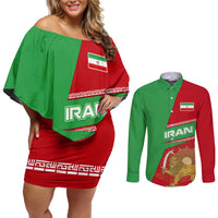 Iran National Heritage Couples Matching Off Shoulder Short Dress and Long Sleeve Button Shirt with Lion and Sun Emblem and Royal Coat of Arms