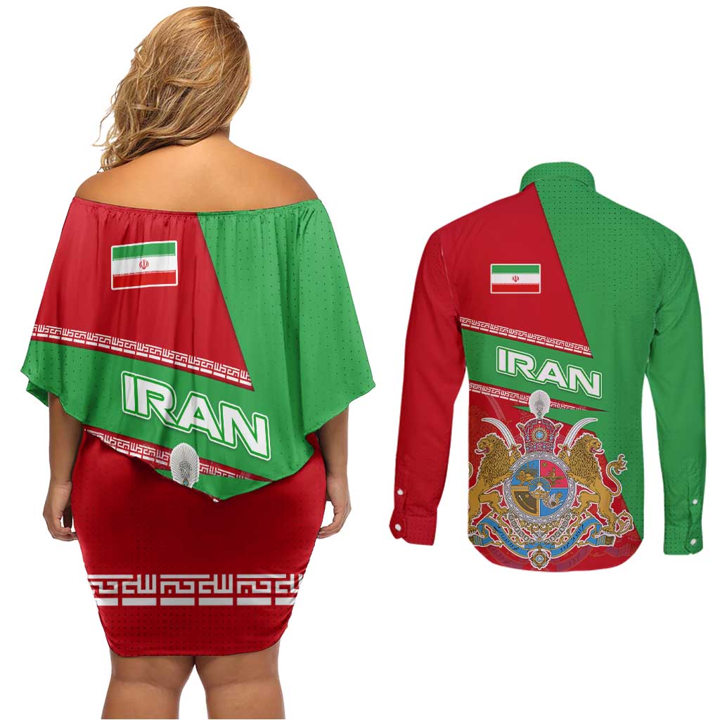 Iran National Heritage Couples Matching Off Shoulder Short Dress and Long Sleeve Button Shirt with Lion and Sun Emblem and Royal Coat of Arms