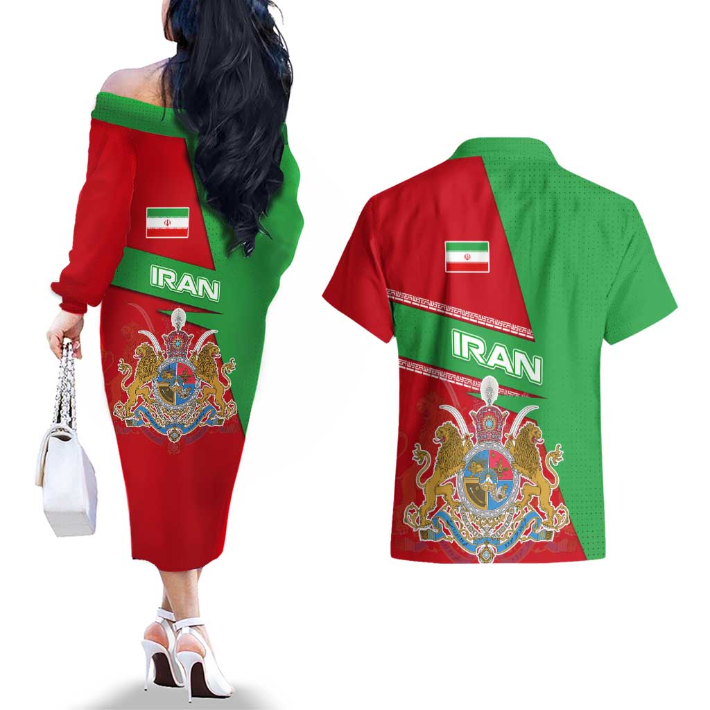 Iran National Heritage Couples Matching Off The Shoulder Long Sleeve Dress and Hawaiian Shirt with Lion and Sun Emblem and Royal Coat of Arms