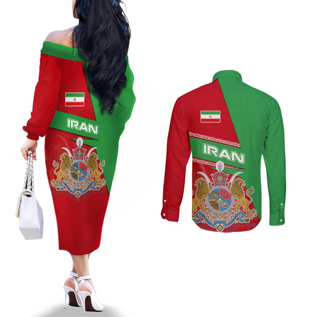 Iran National Heritage Couples Matching Off The Shoulder Long Sleeve Dress and Long Sleeve Button Shirt with Lion and Sun Emblem and Royal Coat of Arms