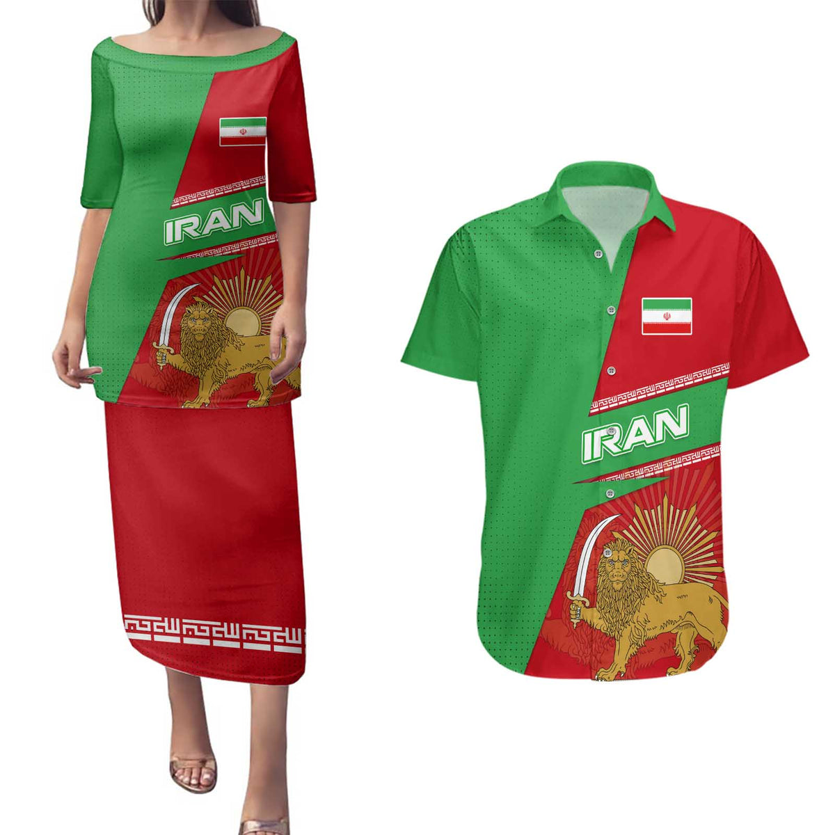 Iran National Heritage Couples Matching Puletasi and Hawaiian Shirt with Lion and Sun Emblem and Royal Coat of Arms