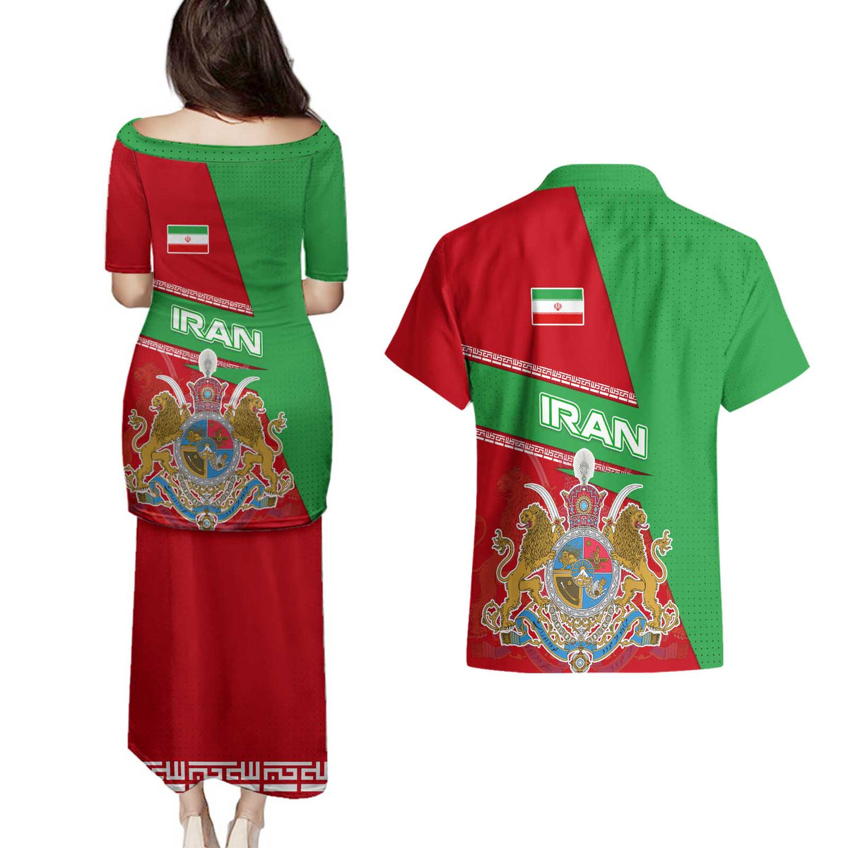 Iran National Heritage Couples Matching Puletasi and Hawaiian Shirt with Lion and Sun Emblem and Royal Coat of Arms