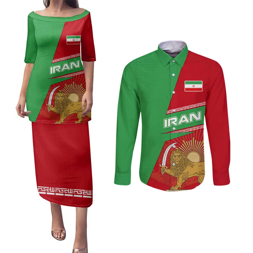 Iran National Heritage Couples Matching Puletasi and Long Sleeve Button Shirt with Lion and Sun Emblem and Royal Coat of Arms