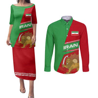 Iran National Heritage Couples Matching Puletasi and Long Sleeve Button Shirt with Lion and Sun Emblem and Royal Coat of Arms