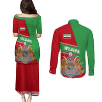 Iran National Heritage Couples Matching Puletasi and Long Sleeve Button Shirt with Lion and Sun Emblem and Royal Coat of Arms
