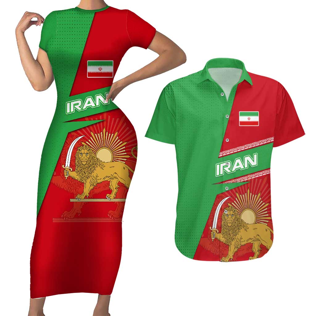 Iran National Heritage Couples Matching Short Sleeve Bodycon Dress and Hawaiian Shirt with Lion and Sun Emblem and Royal Coat of Arms