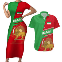 Iran National Heritage Couples Matching Short Sleeve Bodycon Dress and Hawaiian Shirt with Lion and Sun Emblem and Royal Coat of Arms