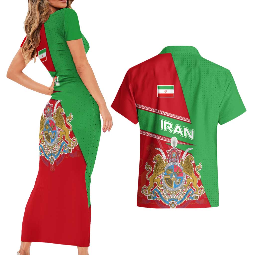 Iran National Heritage Couples Matching Short Sleeve Bodycon Dress and Hawaiian Shirt with Lion and Sun Emblem and Royal Coat of Arms