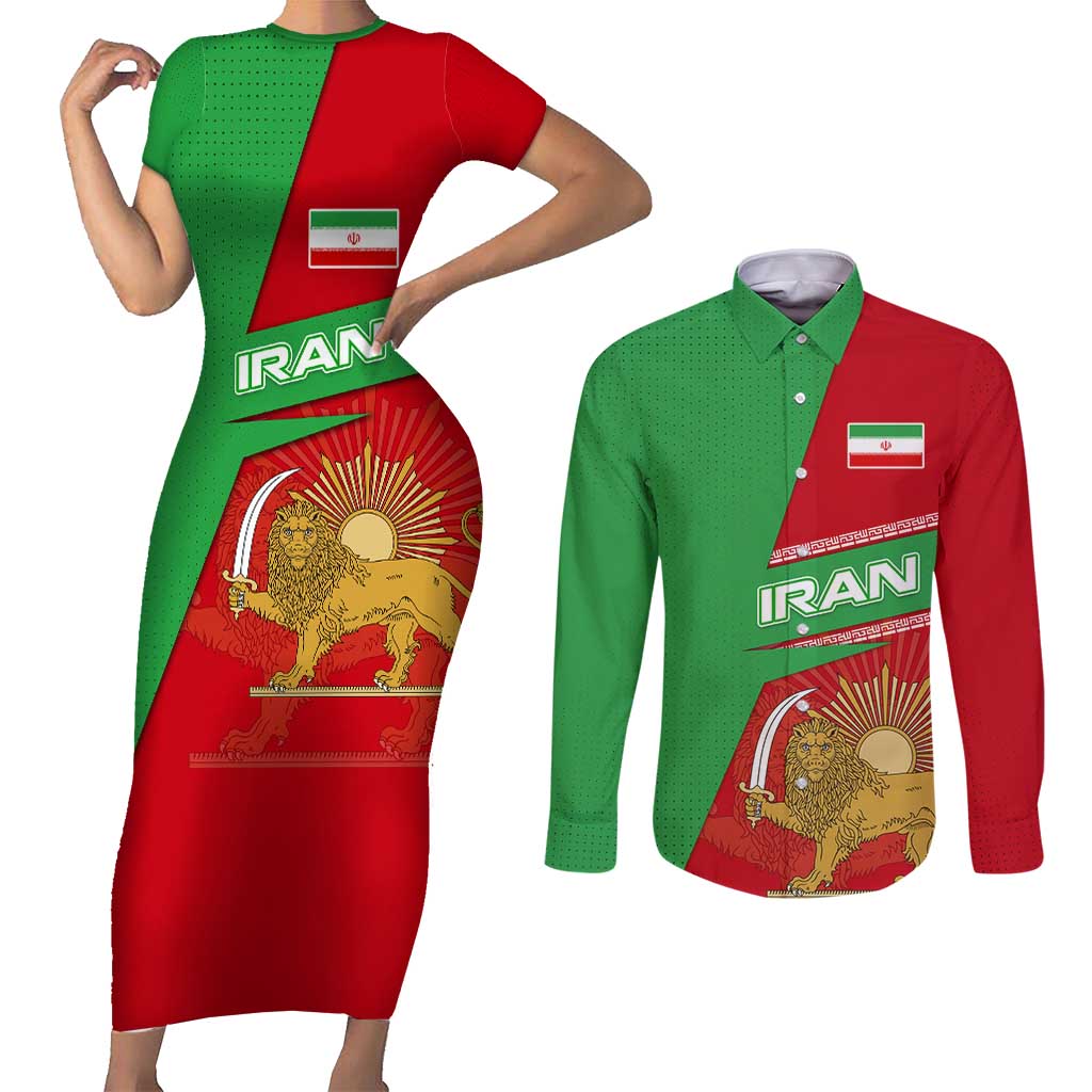 Iran National Heritage Couples Matching Short Sleeve Bodycon Dress and Long Sleeve Button Shirt with Lion and Sun Emblem and Royal Coat of Arms