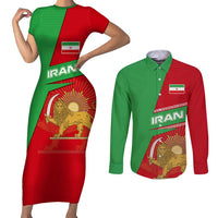 Iran National Heritage Couples Matching Short Sleeve Bodycon Dress and Long Sleeve Button Shirt with Lion and Sun Emblem and Royal Coat of Arms
