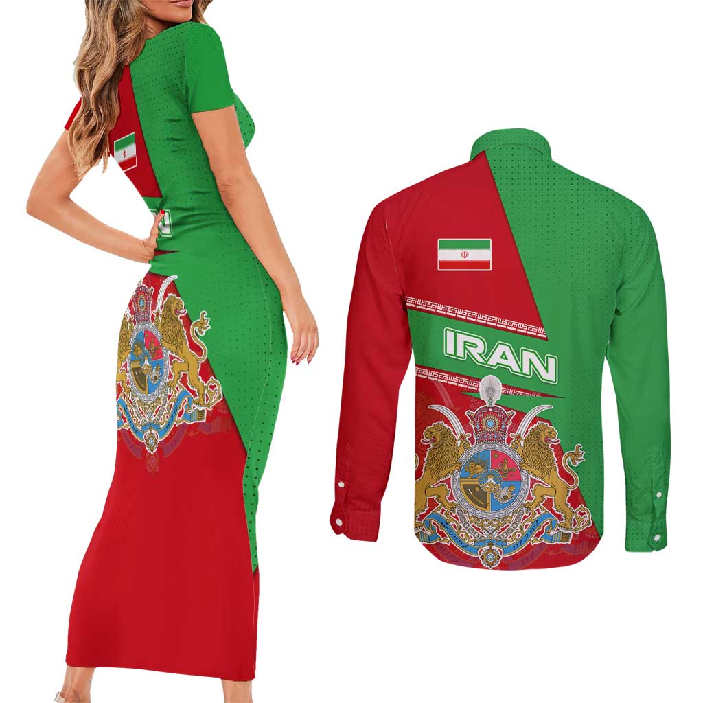 Iran National Heritage Couples Matching Short Sleeve Bodycon Dress and Long Sleeve Button Shirt with Lion and Sun Emblem and Royal Coat of Arms