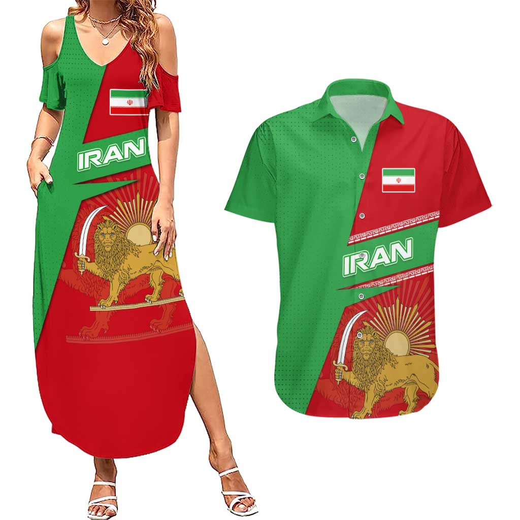 Iran National Heritage Couples Matching Summer Maxi Dress and Hawaiian Shirt with Lion and Sun Emblem and Royal Coat of Arms